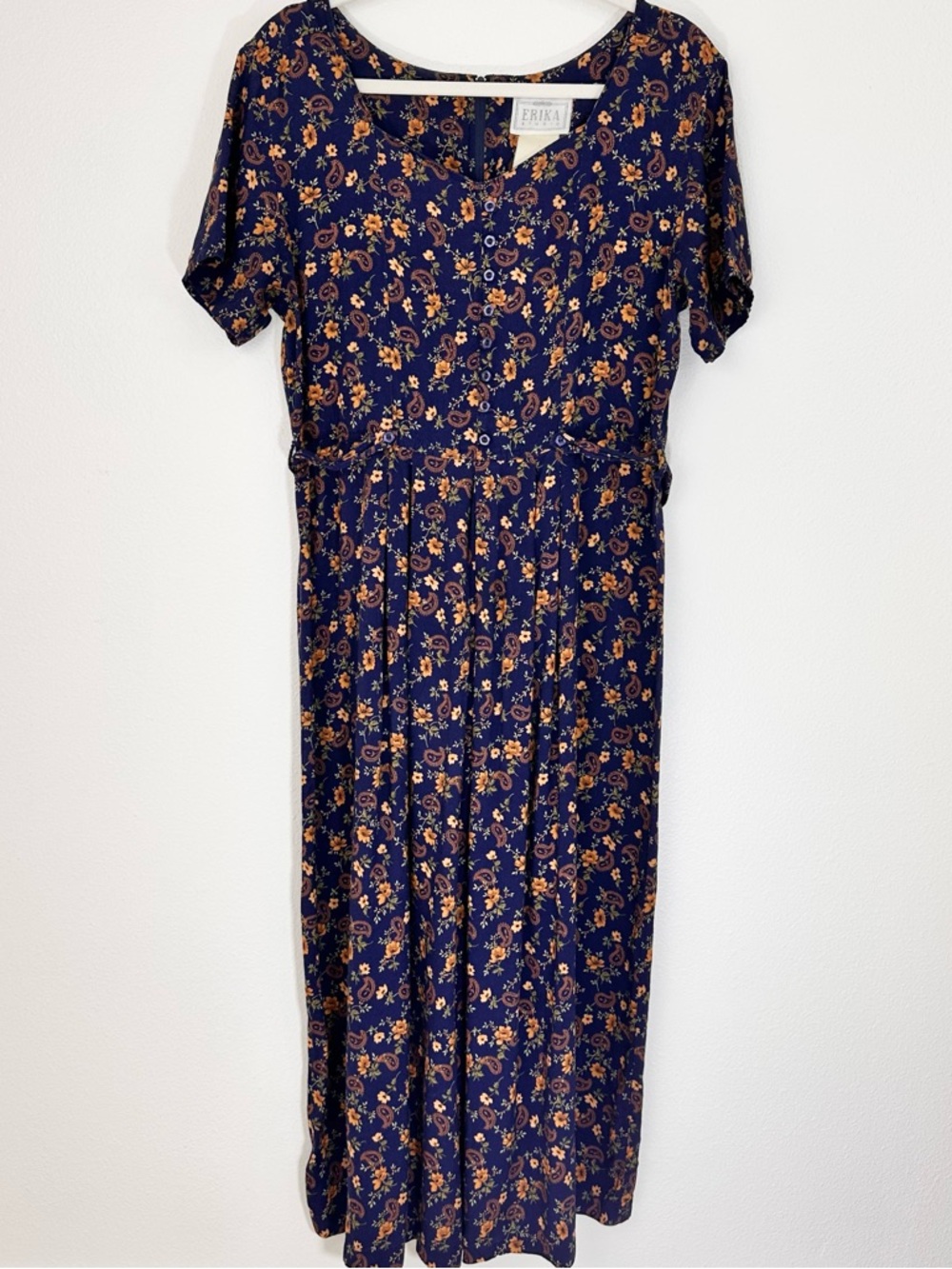 Erika & Co Navy Floral Paisley Midi Dress, Romantic Cottagecore